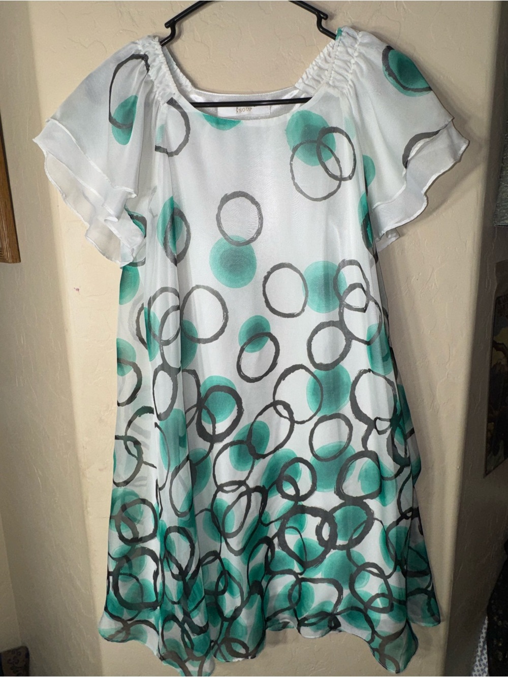 SOUP White Green Abstract Circle Print Flutter Sleeve Shift Dress Size 55 Medium